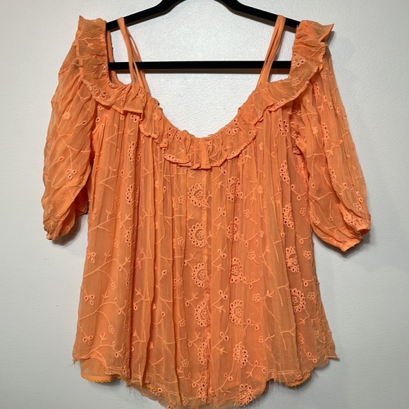 Anthropologie Floreat Tangerine Off Shoulder Semi Sheer Embroidered Blouse NWT - Picture 8 of 13
